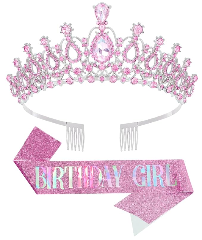 Birthday Tiara and Crown with Sash for Women, Hair Accessories for Wedding Party Costume (B - Pink)