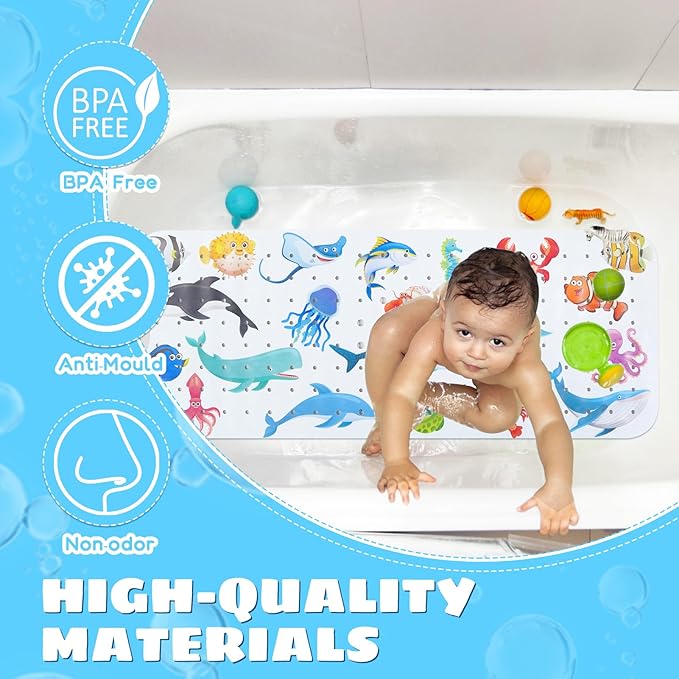 Baby Bath Mat for Tub Non Slip Kids Bathtub Mat Extra Long 40X16 Inch Toddler Bath Tub Shower Mat Anti Slip with Suction Cups & Drain Holes, Machine Washable (Ocean Animals)