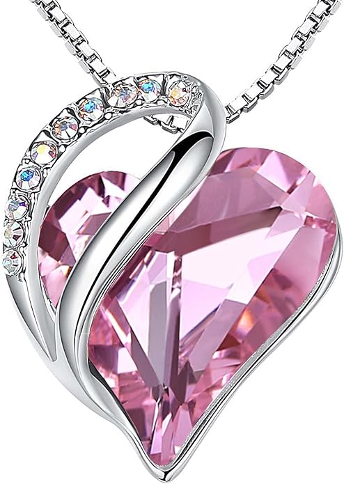 Leafael Valentine's Day Gift Necklaces for Women, Infinity Love Birthstone Heart Crystal Pendant, Birthday Anniversary Jewelry for Wife, Mom, and Her, Silver Plated, 18" + 2" Adjustable Chain
