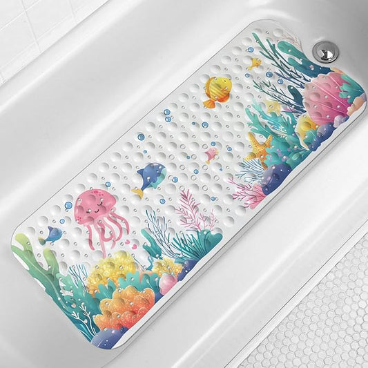 LNOND Bath Mat for Tub for Kids, Toddler Bathtub mat Non Slip, Coral Reef Fish Kids Bath Mats for Bathroom Non Slip with Drain Holes and Suction Cups,Machine Washable (40 X 16 Inch)