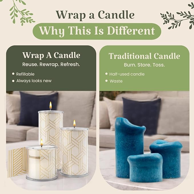 Reusable Interchangeable Candle, Decorative Wrap Design, Customizable Holiday Home Décor, Refillable Giftable Accent for Seasonal Styling