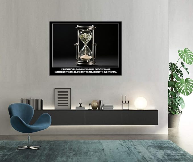 Time Is Money quote Motivational Wall Decor Cherish Inspirational Wall Art Hourglass Poster Canvas Painting Prints Wall Pictures for Home Office Gym Classroom Decor Framed Artwork [30''W x 40''H]
