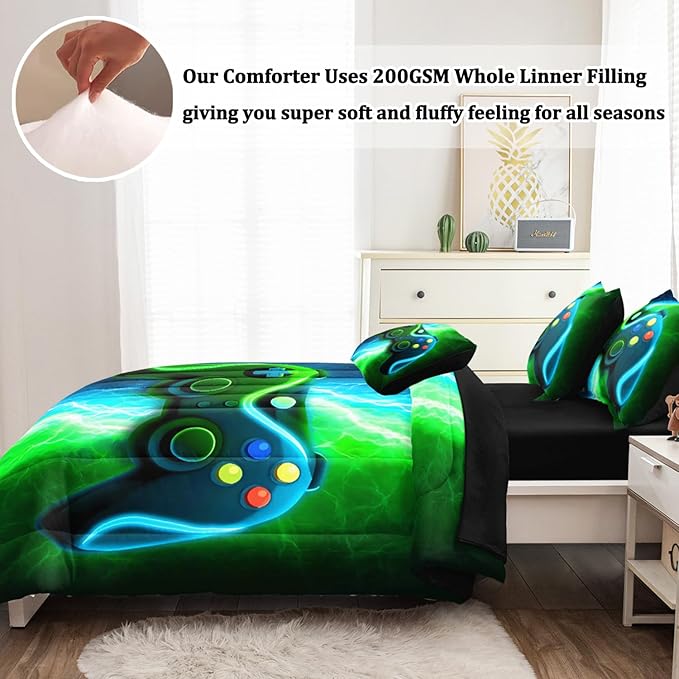 Full Gamer Bedding Sets for Boys Teen, 4 Pcs Full Size Gaming Comforter Set for Boys Full Szie Bedding Set