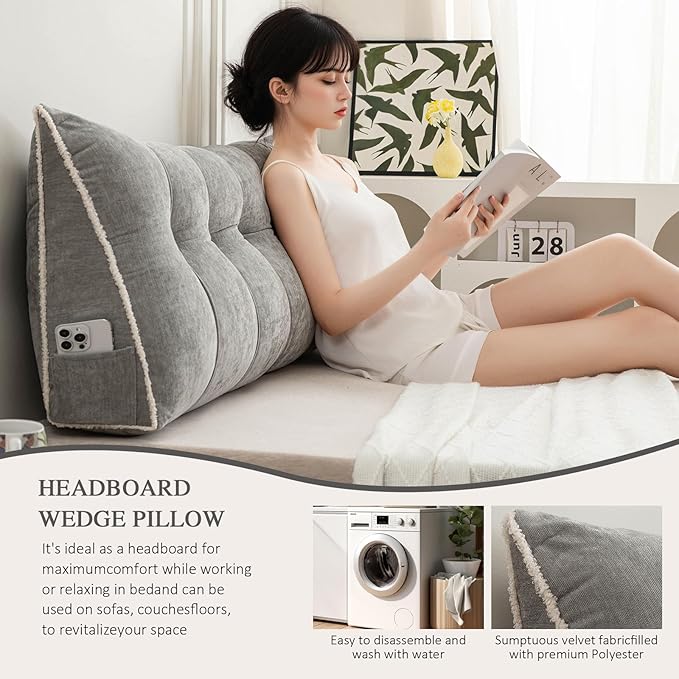 Headboard Pillow Twin, Chenille Triangular Wedge Pillow Headboard Twin Size, Reading Setting Backrest Daybed Pillows for Bed Sofa with Removable Coverr, Grey