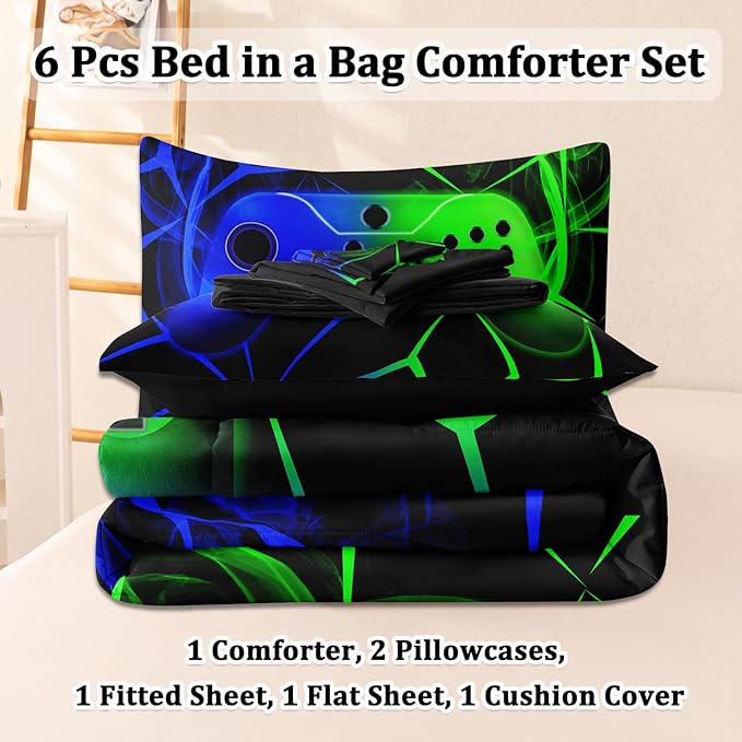 6 Pcs Full Bedding Set for Boys, Green-Blue Full Size Bed in A Bag Gamer Boys Comforter Set for Teens