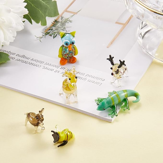 6Pcs Hand Blown Glass Figurines Includes Christmas Reindeer,Birds,Giraffes,Bees,Chameleon,Elephant Glass Figurines for Collectibles, Home Decoration,Gifts