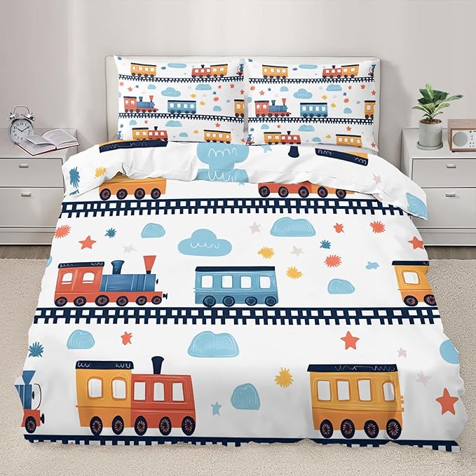 Cartoon Train Bedding Set California King Vintage Train Tracks Duvet Cover Railway Vehicle Comforter Cover Railcar Transport Vehicles Bedding Set with Pillowcases for Bedroom