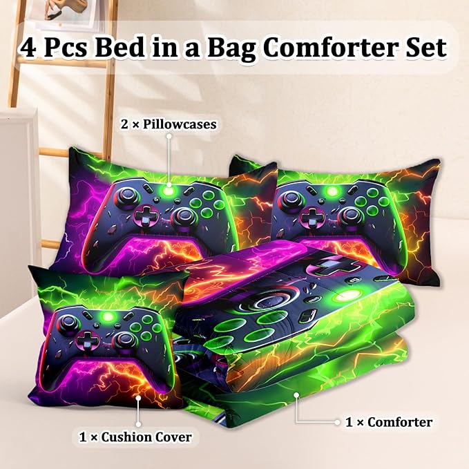 Full Gamer Bedding Sets for Boys Teen, 4 Pcs Full Size Gaming Comforter Set for Boys Full Szie Bedding Set