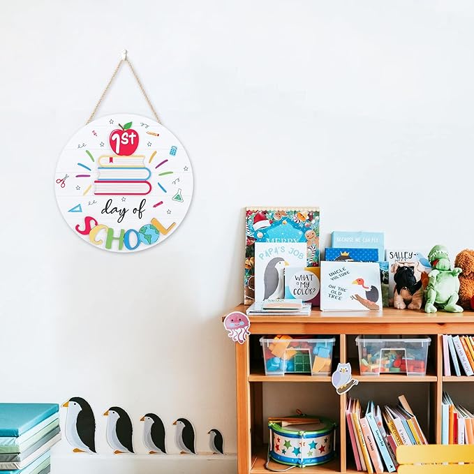 CHDITB First Day of School Sign Back to School Wooden Hanging Sign, Colorful Welcome School Party Outdoor Deco for Classroom Decorations Round 3D Book Wooden Plaque for Classroom Nursery Decor