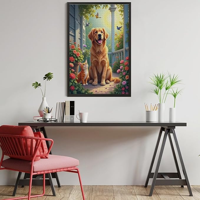 Wooden Puzzle - Garden Golden Retriever Jigsaw Puzzles，Wooden Puzzles for Adults 1000 Pieces Challenge Puzzles，Educational Games，Family Puzzles，Unique Gifts for Wall Art