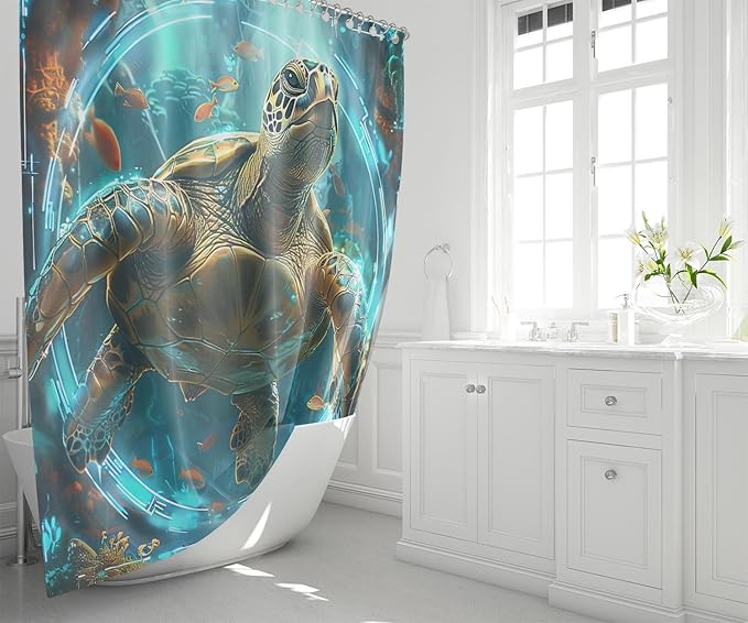 Turtle Shower Curtain - 4 Pcs Sea Turtle Shower Curtains for Bathroom Ocean Shower Curtains for Bathroom Coastal Shower Curtain Sea Themed Shower Curtain Sets with Shower Curtain and Rugs