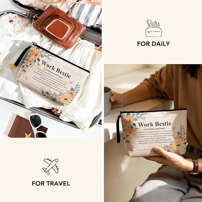 Funny Work Bestie Noun Makeup Bag Thank You Retirement Gifts BFF Gifts Friendship Gifts for Women Friends Coworker Colleague Cosmetic Bag Zipper Pouch Bag Travel Bag for Birthday Christmas