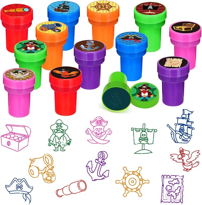 Cinrobiye 24 Pcs Pirate Stampers,Nautical Treasure Hunt Party Favors, Pirate Parrot Skull Birthday Party Supplies, Carnival Prizes Pinata, Goodie Bag Fillers, Classroom Rewards