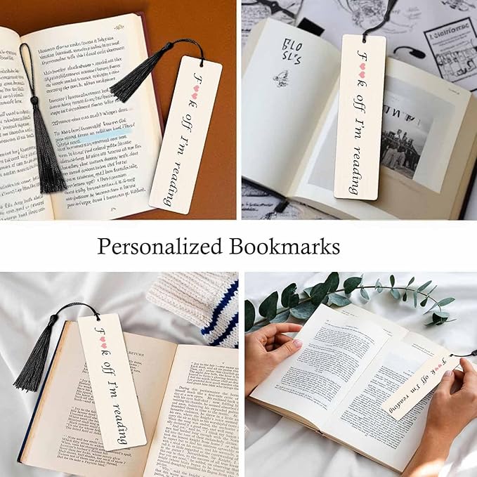 Funny Word Bookmarks Set 5 with Tassels Love Heart Wooden Bookmarks for Reading Women Men Students Teachers School Supplies