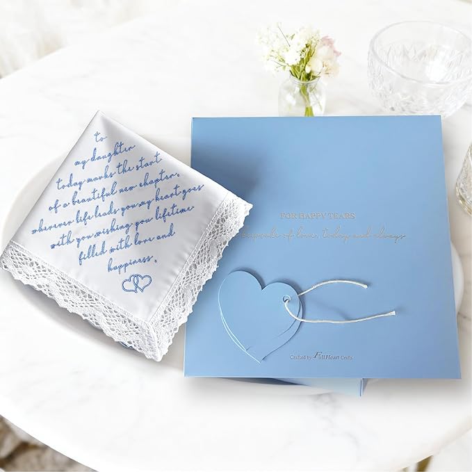 LADY&HOME Something Blue Embroidered Wedding Handkerchief - Mom,Dad,Daughter,Lace Bridal Hankies Wedding Gifts