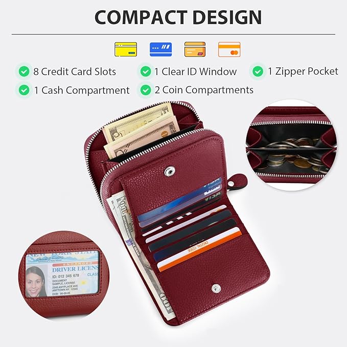 Genuine Small Wallet for Women, Slim RFID Blocking Credit Card Holder with ID Window, Compact Purses for Women with 18 Card Slots