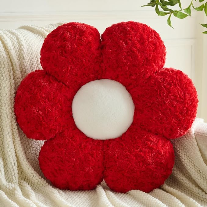 Flower Pillows, Decorative Throw Pillow with Soft Plush for Couch, Flower Shaped Pillow Home Decor Daisy Pillow for Bed (Red, 19.6 Inches)