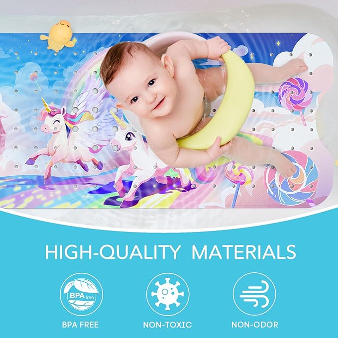 SHUCHING Baby Bath Mat for Tub Non Slip-40 X 16 Inch, Extra Long Kids Bathtub Mat Non Slip, Girl Shower Mat Anti Slip for Bathroom, Machine Washable,Rainbow Unicorn