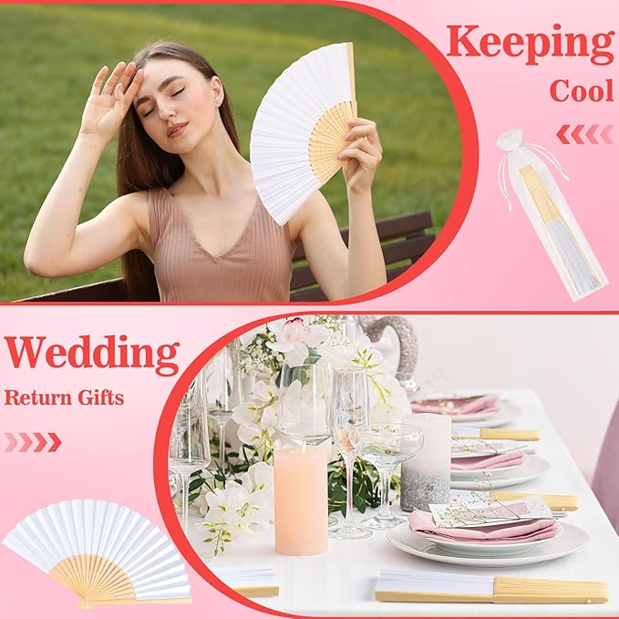 NEBURORA 12Pcs White Handheld Paper Fans 8.3 Inch Hand Held Bamboo Fans Foldable for Wedding Decoration Outdoor Party Favors DIY Decoration Dancing Photography Props