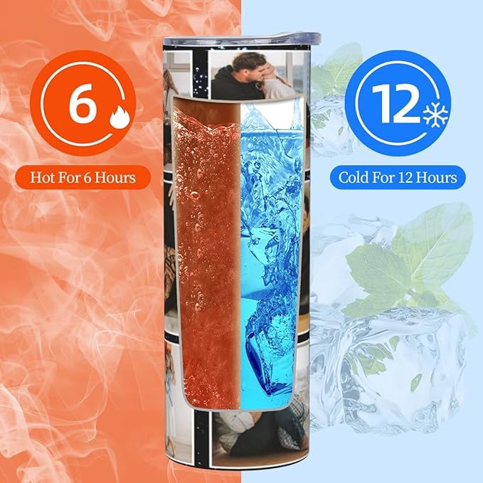 Personalized Custom tumbler Coffee Mug with Lid and Straw Hot and Cold Stainless Steel Vacuum Insulated Travel Mug with Photo Personalized tumbler Gift (20 oz, Cylinder, 9 photos)