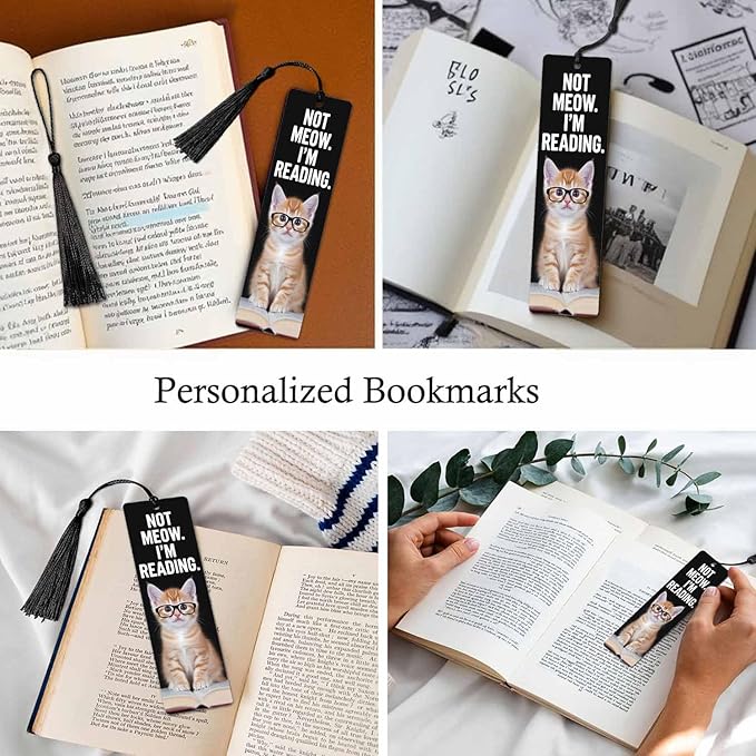 Funny Cat Bookmarks 5 Pcs Cute Animal in Glasses Black Wooden Bookmark with Tassels for Reading Book Lovers Gift Office School Readers Teacher