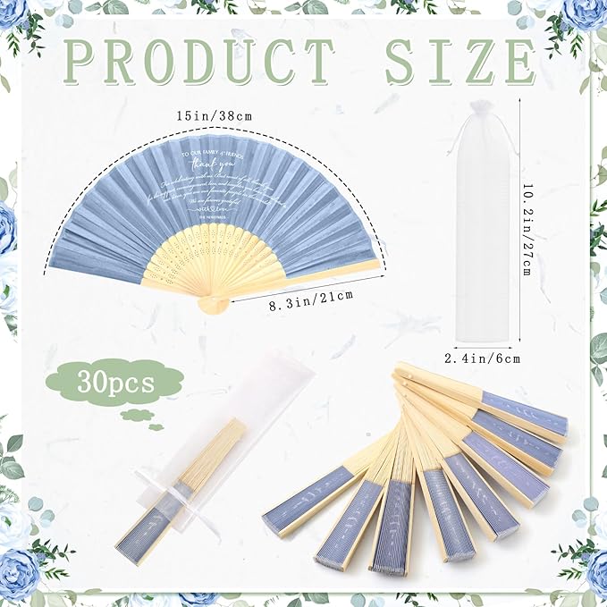 Menkxi 30 Pcs Silk Fabric Folding Fans Bulk for Wedding Guests Thank You Bamboo Folded Hand Fan for Bridal Shower Decoration Favor Vintage Handheld Fans Souvenirs with Organza Bag (Haze Blue,Classic)