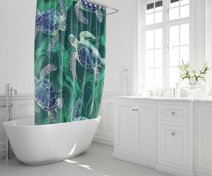 4 Pcs Turtle Shower Curtain - Ocean World Shower Curtain for Bathroom Ocean Shower Curtains Turtle Shower Curtain Set with Rug,Toilet Cover and Bath Mat with 12 Hooks
