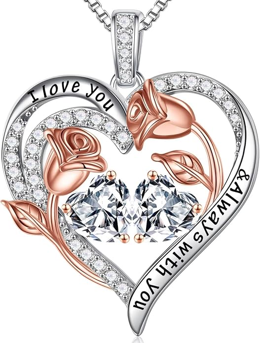 Iefil Valentines Day Gifts for Her - 925 Sterling Silver Rose Heart Birthstone Necklace Birthday Anniversary Jewelry Gifts for Her Wife Mom Daughter
