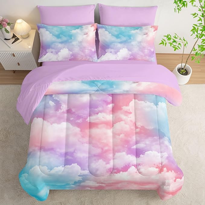 7Pcs Comforter Set Colorful Clouds Printed Bedding Set with 1 Comforter, 1 Flat Sheet, 1 Fitted Sheet and 4 Pillowcases for Boys and Girls Bedroom All Season(Queen)