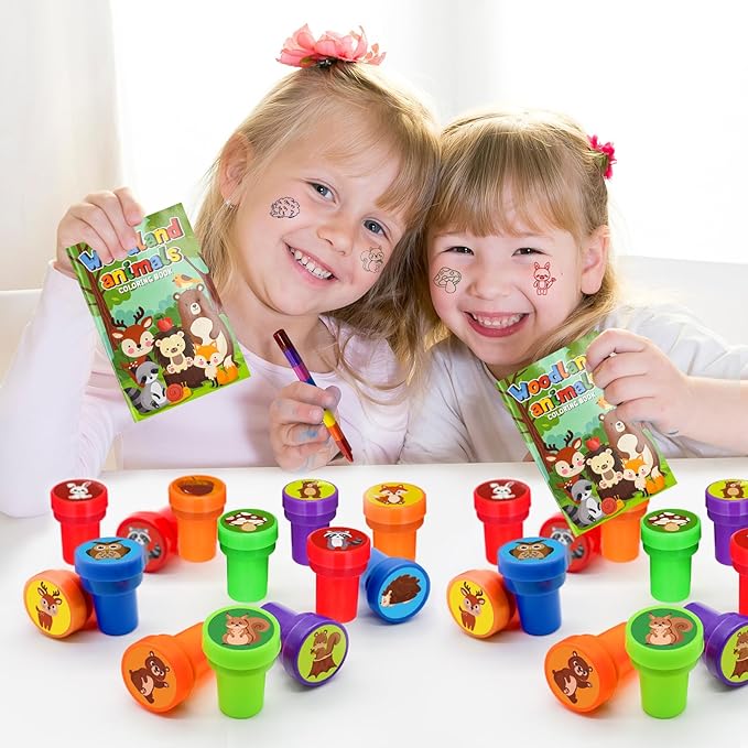 Cinrobiye 24 PCS Woodland Animals Party Stampers，Forest Creatures Birthday Favors for Boys Girls, Classroom Rewards, Carnival Prizes, Goodie Bag & Pinata Fillers, Woodland Party Supplies