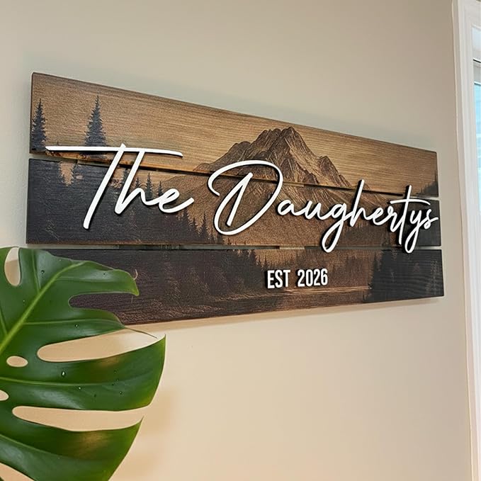 Custom Mountain Family Name Sign - Rustic Wood Wall Decor, Personalized Wedding & Gift for Couples Anniversary, Housewarming Gift for New Home (Medium)