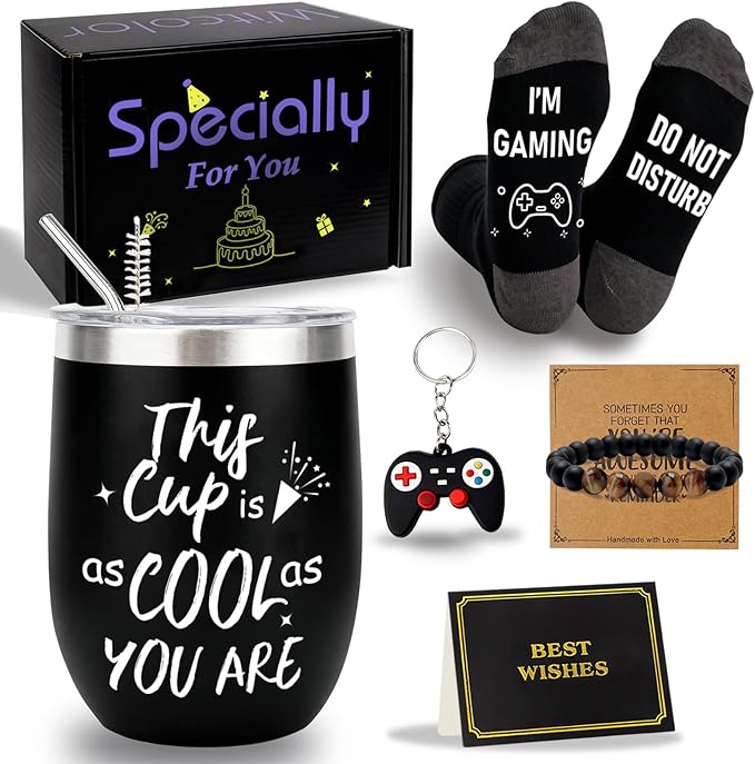 Teenage Boy Gifts,Unusual Ideas Birthday Gifts For Boys with 12 Oz Tumbler, Funny Socks,Birthday Card, Bracelet, Keychain,Best Gifts for Boys Son Grandson Nephew Friend