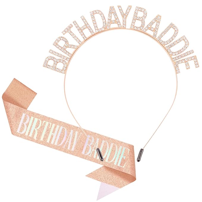 Aprince Birthday Baddie Sash and Tiara Crown for Women Girls Rose Gold Happy Birthday Headband Accessiores Party Decorations
