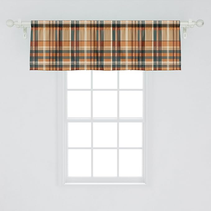 Ambesonne Autumn Plaid Window Valance, Fall Harvest Traditional Buffalo Tartan Lines Thanksgiving Art, Curtain Valance for Kitchen Bedroom Decor with Rod Pocket, 42" x 18", Orange Tan Grey Teal