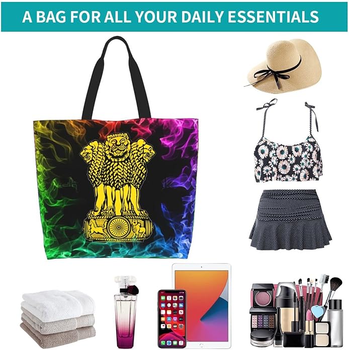 India National Emblem Large Reusable Eco-friendly Shopping Bags Portable Storage Handbag