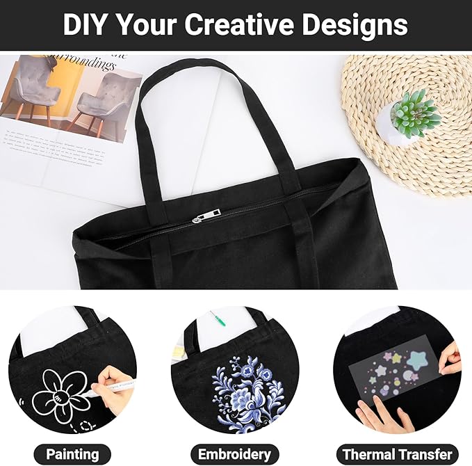 Segarty Black Canvas Tote Bag, 3 Packs 16x15 inch Canvas Bags with Zipper, 12Oz Heavy Duty Reusable Washable Grocery Shopping Bag with Handle, Blank Cotton Bags for Kids DIY Crafts Painting Bulk