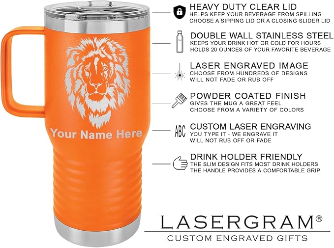 LaserGram 20oz Vacuum Insulated Travel Mug with Handle, Cup Cake, Personalized Engraving Included (Orange)