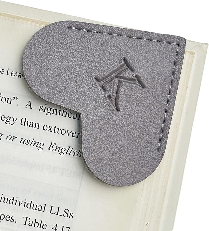 MOTEERLLU Personalized Leather Heart Bookmark with Initial, Cute Letters Custom Corner Book Mark for Reading Women, Teacher, Student, Book Lovers Gifts, Book Accessories (Grey, K)