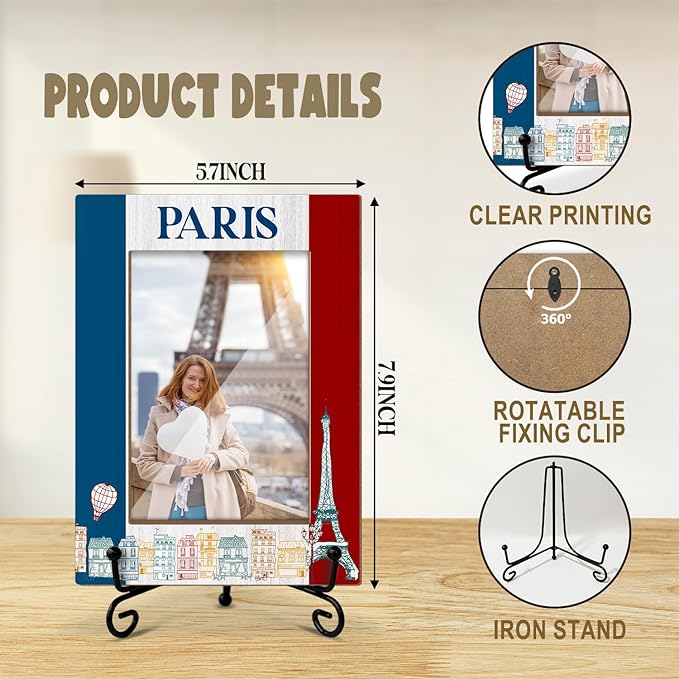 Lesixur Paris Eiffel Tower Travel Photo Frame, Wedding Honeymoon Souvenir Gift for Couples Friends, 4x6 Wooden Picture Frame with Iron Stand for Tabletop Desktop Display, Home Table Decor -043