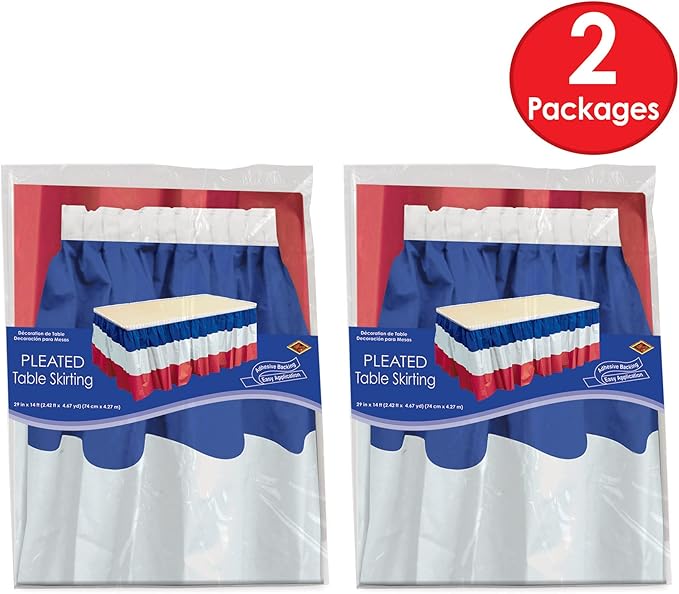 Beistle Plastic Patriotic Table Skirts 2 Piece Self Adhesive July 4th Tableware, Independence Day Decorations, 29" x 14', Red/White/Blue