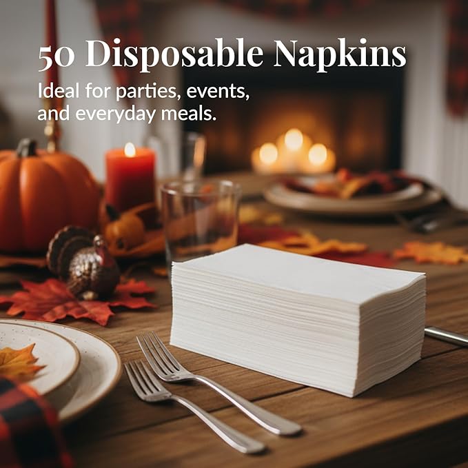 Prestee 50-Pack Paper Towels - 7.8 x 4.25 Inch Soft Linen Feel Paper Napkins - Durable and Absorbent Hand Towels for Bathroom - Disposable Table Napkins for Weddings, Dinners, Christmas, Thanksgiving