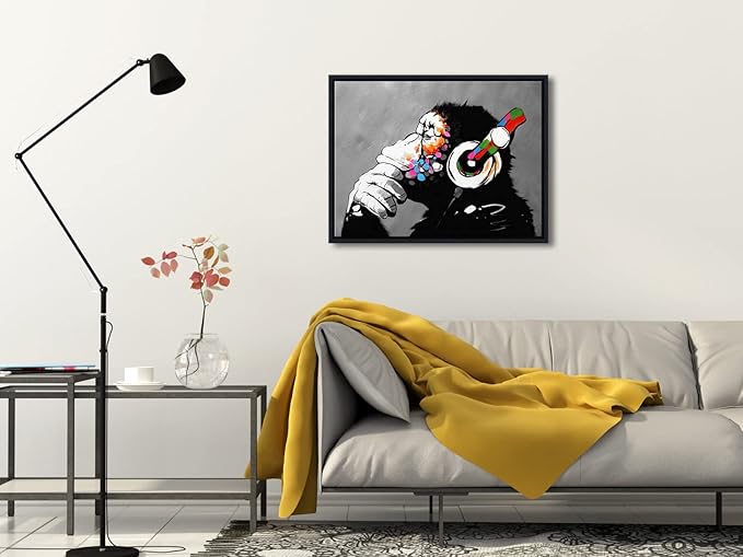 Wieco Art Black Framed Monkey With Headphones Banksy Graffiti Art Abstract Canvas Paintings Prints Animal Canvas Wall Art for Wall Decor and Home decorations Office Decor