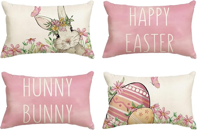 AVOIN colorlife Happy Easter Hunny Bunny Pink Throw Pillow Covers, 12 x 20 Inch Easter Eggs Bunny Spring Cushion Case for Sofa Couch Set of 4