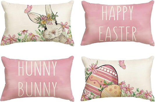 AVOIN colorlife Happy Easter Hunny Bunny Pink Throw Pillow Covers, 12 x 20 Inch Easter Eggs Bunny Spring Cushion Case for Sofa Couch Set of 4