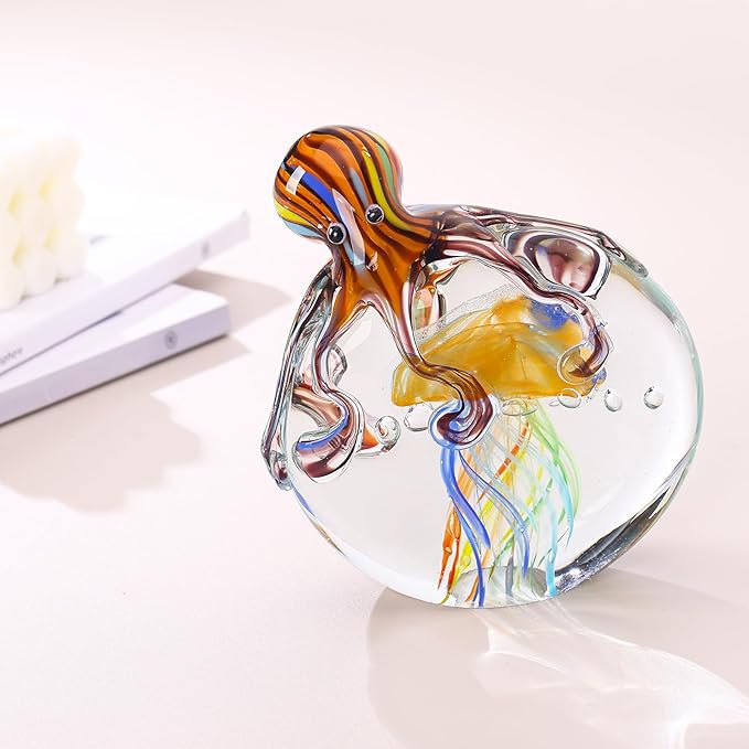 LCCCK Glass Octopus Jellyfish Statue Home Decor, Hand Blown Glass Decor Ocean Figurines Octopus Sculpture, Murano Art Office Desk Paperweights Fish Tank Aquarium Sea Animals Christmas Birthday Gift