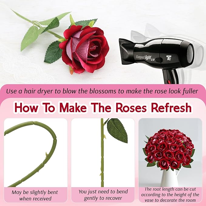 Roses Artificial Flowers, Fake Velvet Silk Roses in Bulk for Home Decor Indoor, Fake Roses Realistic Flowers with Stems for Wedding Centerpiece Party Decor (24, Purplish Red)