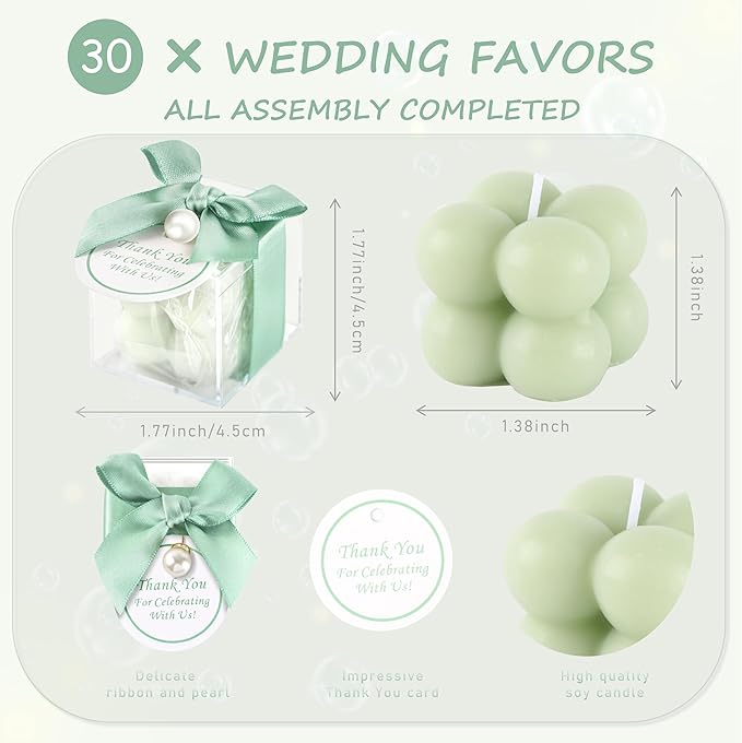 ACITHGL 30 Sets Fully Assembled Small Bubble Candle Party Favors for Guests Bulk Bridal Showers Favors Candles with Stylish Ribbons Thank You Cards Gifts (Green)