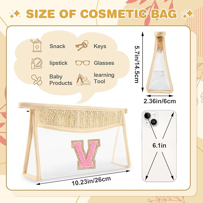 Small Boho Straw Initial Letter Makeup Bag Personalized Gift ,Cute Clear Chenille Patch Makeup Bag With Zipper,Trendy TSA Approved Travel Toiletry Bag,Gift for Women Girls Birthday Friend, Letter V