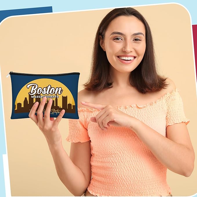 Reginary 6 Pcs City Cosmetic Bag Souvenir Gifts New York Zipper Pouch Chicago Souvenir Seattle Boston Nashville London Paris Italy Alaska Gifts Memento for Women Traveler(Boston)