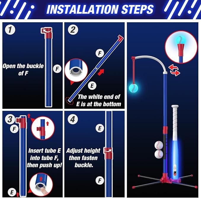 3-in-1 LED Baseball Set for Kids 3-5 - Tee Ball Stand, Hanging Tee, Ball Launcher and 4 Softballs - Adjustable Height, Indoor/Outdoor Sport Gifts for Boys Girls, Blue